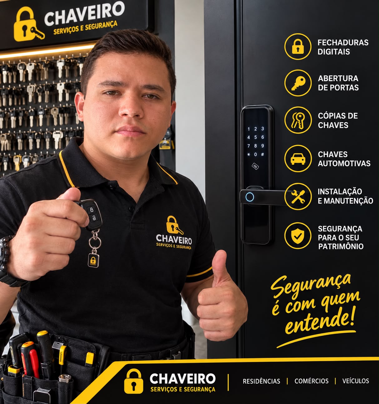Técnico de chaveiro com fechadura digital e ferramentas de abertura