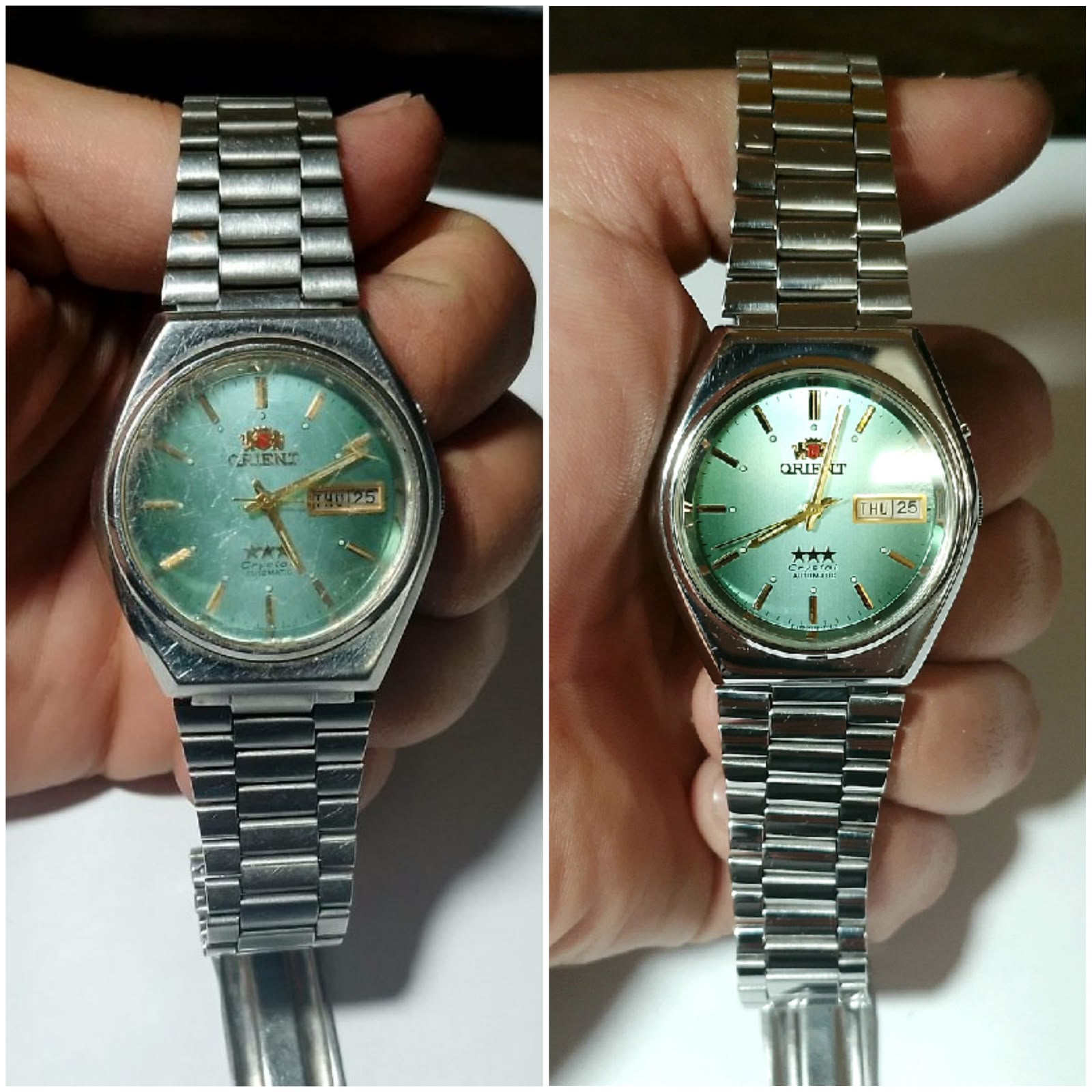 Antes e depois da restauração de relógio Orient automático verde